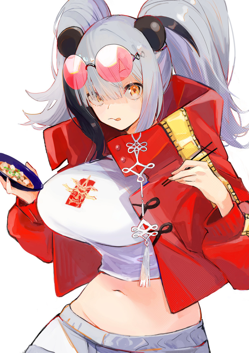 :q aaoshigatoutoi absurdres animal_ears arknights bangs bear_ears black_hair bowl breasts chopsticks closed_mouth eyewear_on_head feater_(arknights) feater_(gourmet)_(arknights) highres holding holding_bowl holding_chopsticks impossible_clothes impossible_shirt jacket large_breasts long_hair long_sleeves looking_at_viewer multicolored_hair navel open_clothes open_jacket red-tinted_eyewear red_jacket rimless_eyewear round_eyewear shirt silver_hair smile stomach streaked_hair sunglasses tinted_eyewear tongue tongue_out twintails two-tone_hair upper_body white_shirt yellow_eyes