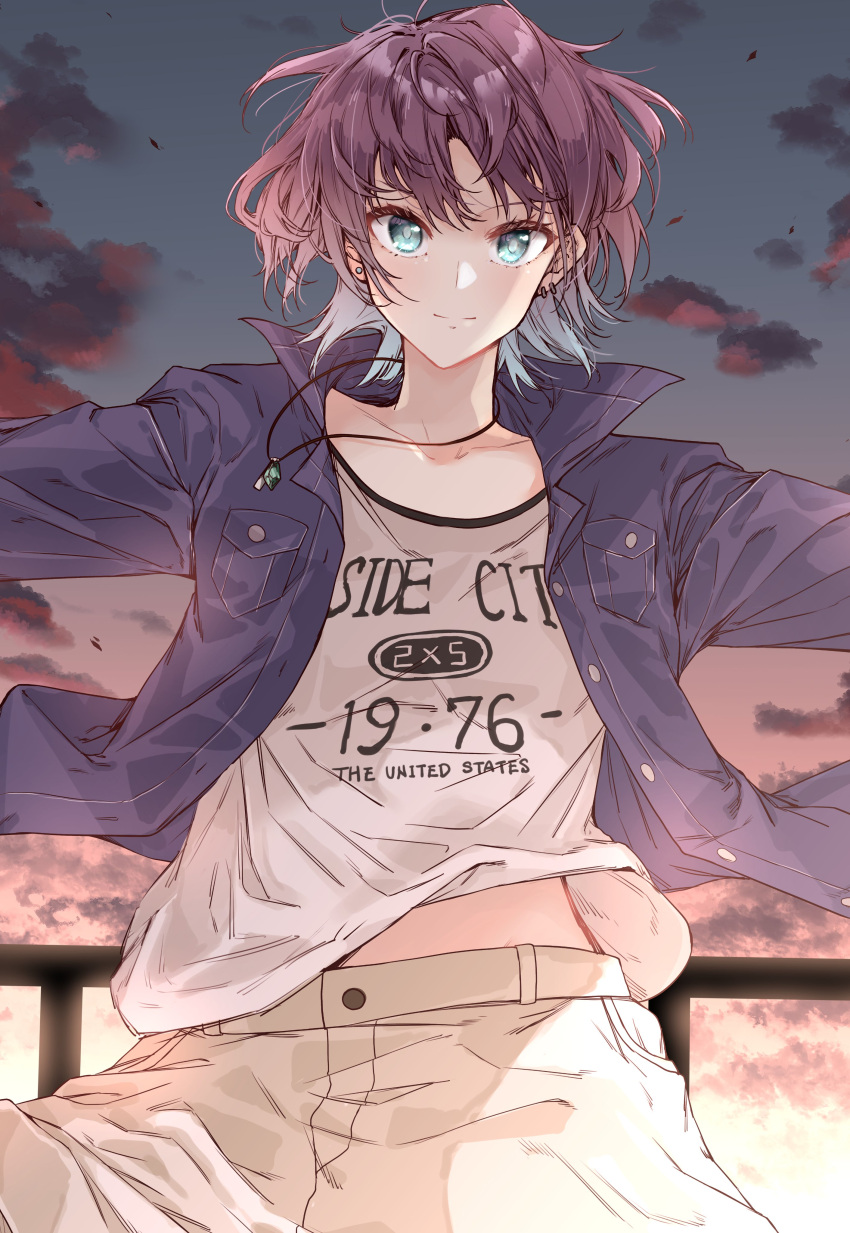 1girl absurdres ahoge aqua_eyes artist_request asakura_tooru blue_hair breast_pocket brown_hair clouds commentary_request denim earrings gradient_hair highres idolmaster idolmaster_shiny_colors jewelry looking_at_viewer multicolored_hair necklace outdoors outstretched_arms pocket print_shirt shirt short_hair solo spread_arms twilight white_shirt wind