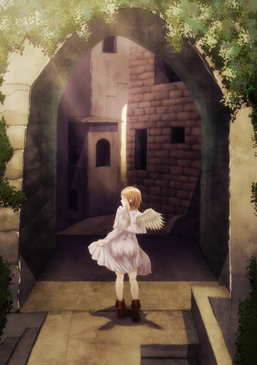 1girl absurdres arch brown_eyes brown_hair commentary_request dress fantasy feathered_wings haibane_renmei highres kawamranciel looking_back original outdoors revision shadow skirt_hold solo thighs white_dress white_wings wings