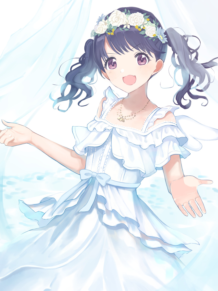 1girl absurdres angel angel_wings black_hair commentary_request dress fangs flower_wreath fukumaru_koito highres idolmaster idolmaster_shiny_colors jewelry looking_at_viewer necklace om_otk open_mouth skin_fangs solo twintails violet_eyes white_background white_dress wings