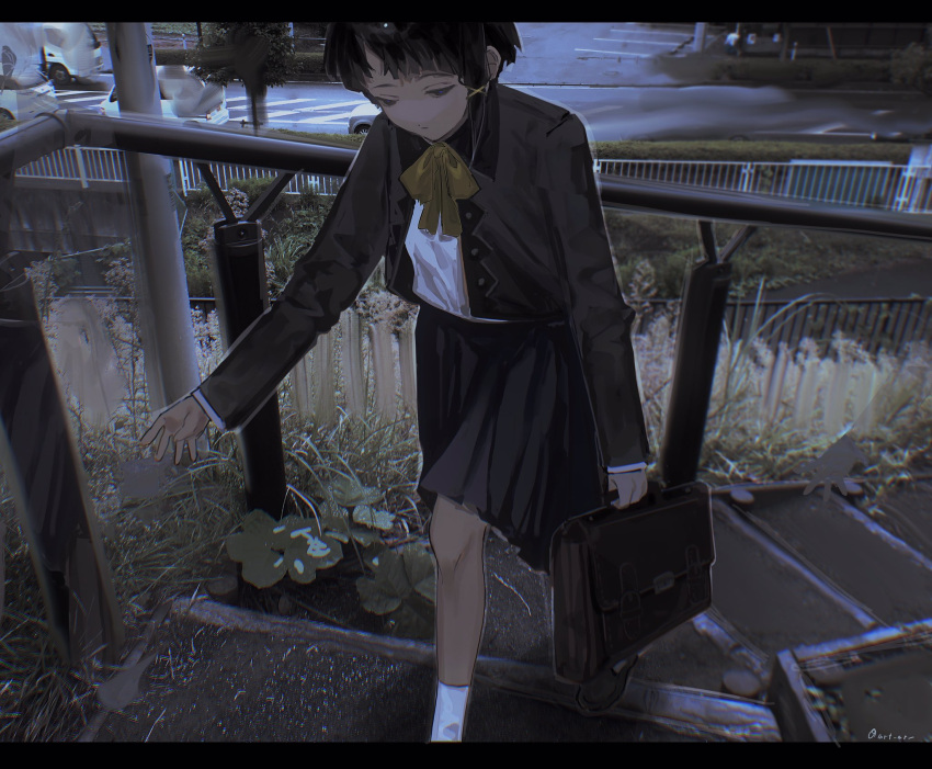 1girl bangs black_jacket black_skirt bow bowtie brown_bag brown_footwear foot_out_of_frame full_body hair_ornament highres isomu iwakura_lain jacket loafers long_sleeves looking_down muted_color photo_background school_uniform serial_experiments_lain shirt shoes short_hair sidelocks skirt socks solo stairs walking white_legwear white_shirt x_hair_ornament yellow_bow yellow_bowtie