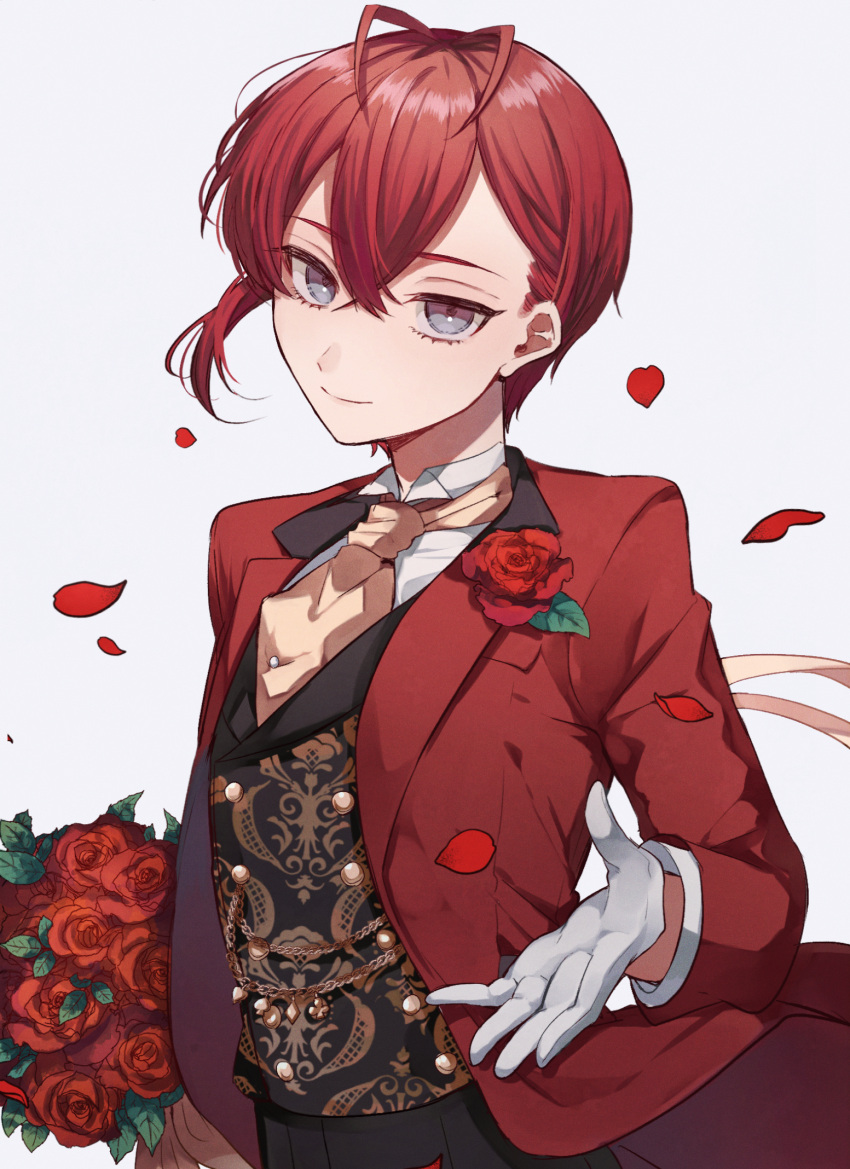 1boy ahoge blue_eyes flower formal gloves heart highres kenpin looking_at_viewer looking_to_the_side necktie pale_skin petals reaching_out redhead riddle_rosehearts rose solo twisted_wonderland