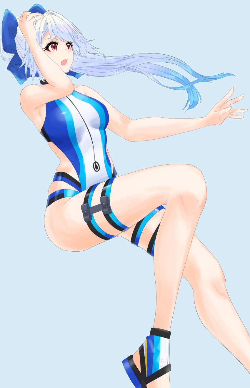 1girl 830_yamio absurdres arms_up ass bangs blue_bow blue_jacket blue_swimsuit blush bow breasts fate/grand_order fate_(series) highleg highleg_swimsuit highres large_breasts long_hair looking_at_viewer multicolored multicolored_clothes multicolored_swimsuit one-piece_swimsuit ponytail silver_hair solo swimsuit tomoe_gozen_(fate) tomoe_gozen_(swimsuit_saber)_(fate) two-tone_swimsuit white_swimsuit