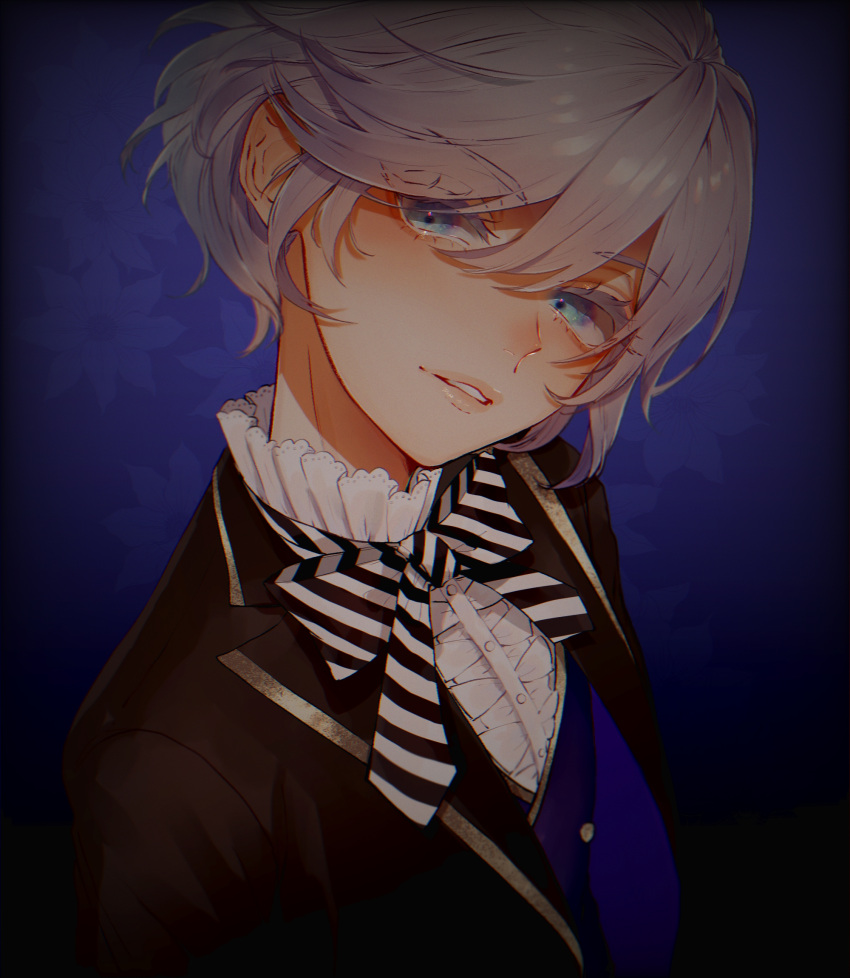 1boy androgynous blue_eyes blush bow epel_felmier formal haruno_ryo_1202 head_tilt highres looking_back looking_to_the_side necktie pale_skin purple_hair school_uniform solo striped suit twisted_wonderland