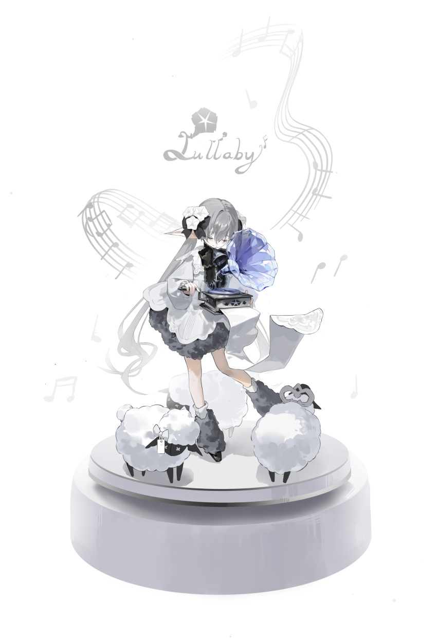 1girl absurdres animal_ears bangs bell black_footwear bow bowtie closed_eyes closed_mouth dress flower grey_hair hair_flower hair_ornament highres light_smile long_hair long_sleeves music music_box musical_note neck_bell original phonograph sheep simple_background socks solo standing twintails very_long_hair white_background white_dress yimili_oo