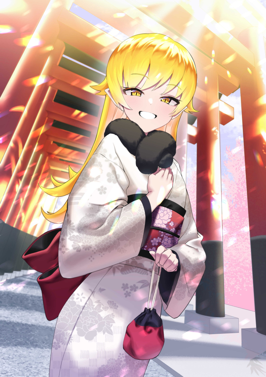 1girl absurdres bakemonogatari blonde_hair blush cherry_blossoms coin_purse cowboy_shot dutch_angle eyebrows_visible_through_hair from_below fur_collar grin hand_on_own_chest highres japanese_clothes kimono light_rays looking_at_viewer monogatari_(series) new_year obi oshino_shinobu sash shade smile solo sunlight torii tsurime wide_sleeves ybee yellow_eyes