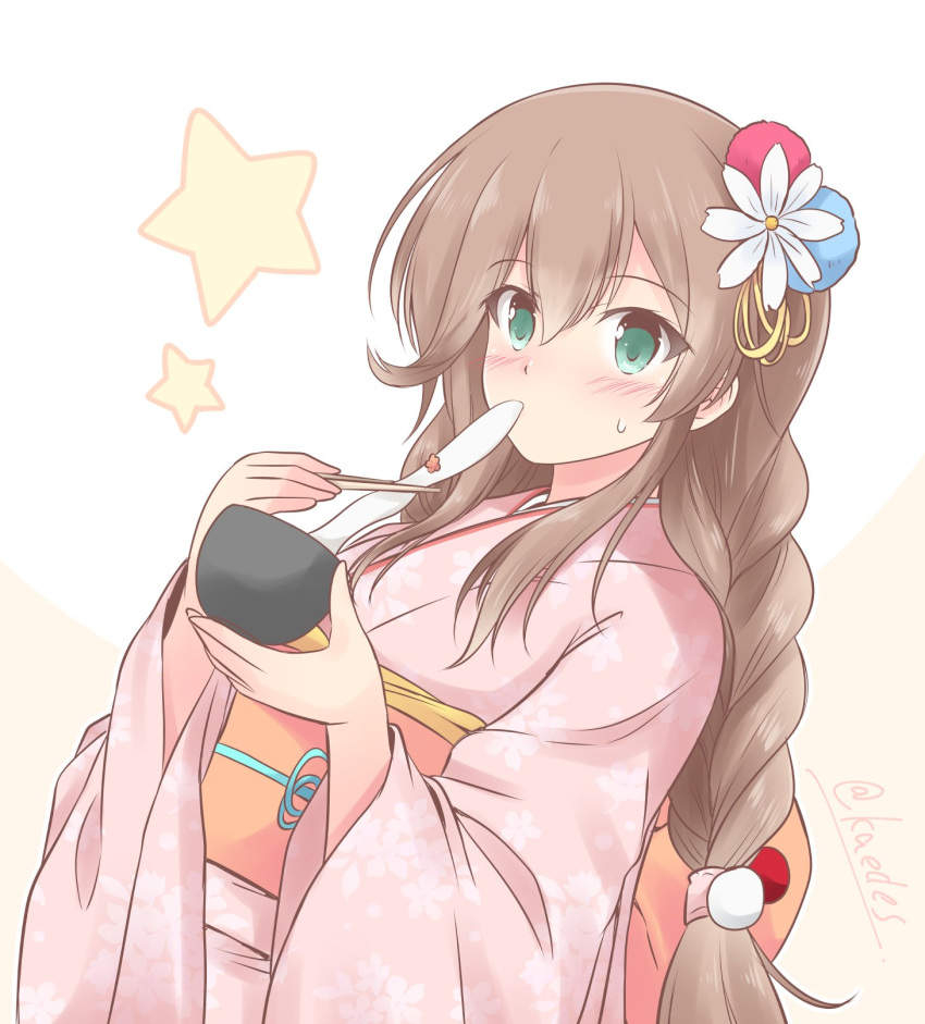 1girl aqua_eyes blush bowl brown_hair chopsticks eating eyebrows_visible_through_hair hair_between_eyes highres holding holding_bowl holding_chopsticks icesherbet japanese_clothes kantai_collection kimono long_hair long_sleeves mochi noshiro_(kancolle) obi one-hour_drawing_challenge pink_kimono sash solo star_(symbol) wide_sleeves