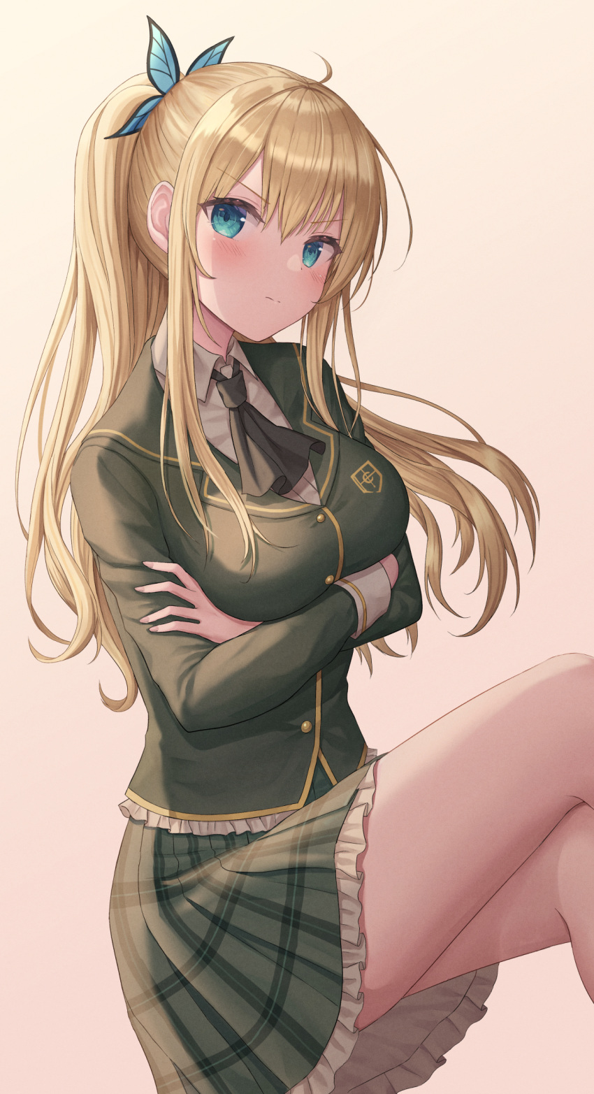 1girl arms_under_breasts ascot bangs blush boku_wa_tomodachi_ga_sukunai breasts butterfly_hair_ornament closed_mouth collared_shirt commentary crossed_arms crossed_legs dress_shirt eyebrows_visible_through_hair green_jacket hair_ornament highres invisible_chair jacket kashiwazaki_sena large_breasts long_hair long_sleeves looking_at_viewer miniskirt plaid plaid_skirt ponytail school_uniform seungju_lee shiny shiny_hair shirt simple_background sitting skirt thighs v-shaped_eyebrows white_shirt