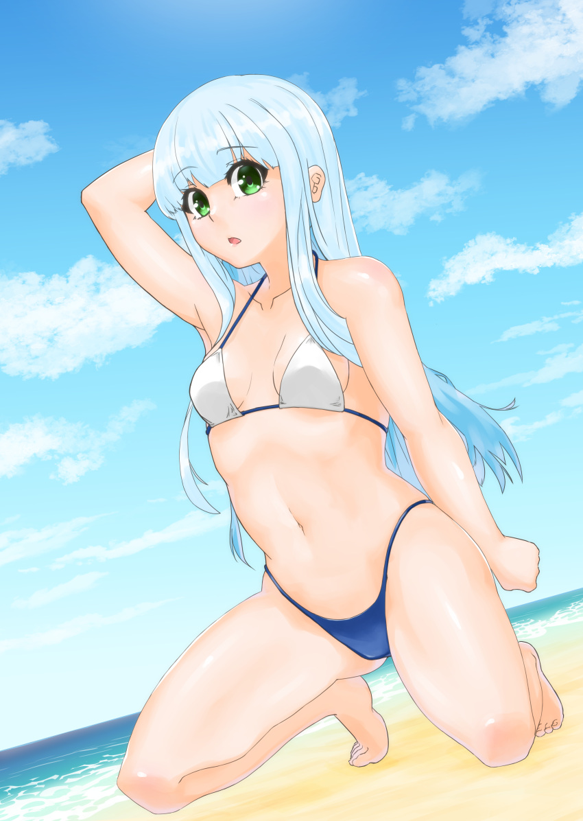 1girl absurdres aoki_hagane_no_arpeggio bangs beach bikini blue_hair blue_sky blunt_bangs breasts clouds commentary_request day dutch_angle green_eyes highres hime_cut iona long_hair mismatched_bikini navel outdoors sky small_breasts solo swimsuit yosshy815