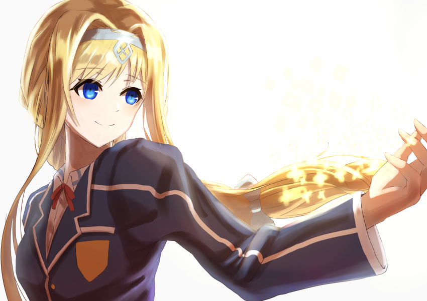 1girl alice_schuberg arm_at_side bangs blonde_hair blue_eyes border bow braid breasts commentary_request cropped_jacket double-breasted floating_hair hair_between_eyes hairband hand_in_hair hand_up highres koisuke_(koisuke48) long_hair long_skirt long_sleeves neck_ribbon parted_lips red_ribbon ribbon skirt solo sword_art_online sword_art_online:_alicization white_border white_bow white_hairband white_nails wing_collar