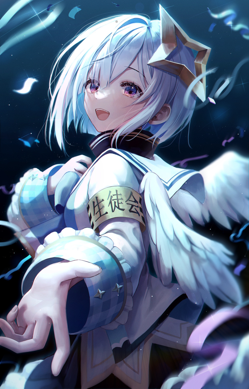 1girl absurdres amane_kanata angel angel_wings armband backlighting blue_background commentary frilled_sleeves frills gradient gradient_background halo hand_on_own_chest highres hololive long_sleeves looking_at_viewer myowa open_mouth outstretched_hand shirt short_hair smile solo star_halo teeth translated upper_body upper_teeth violet_eyes virtual_youtuber white_hair white_shirt wings