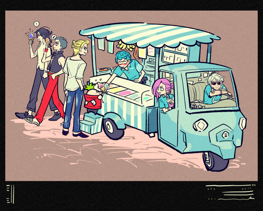 6+boys blonde_hair blue_hair casual denim food food_truck formaggio gelato ghiaccio green_hair grey_hair ice_cream illuso jeans jojo_no_kimyou_na_bouken karabako melone multiple_boys namesake pants pesci pink_hair prosciutto risotto_nero shirt sorbet t-shirt torn_clothes torn_jeans torn_pants vento_aureo