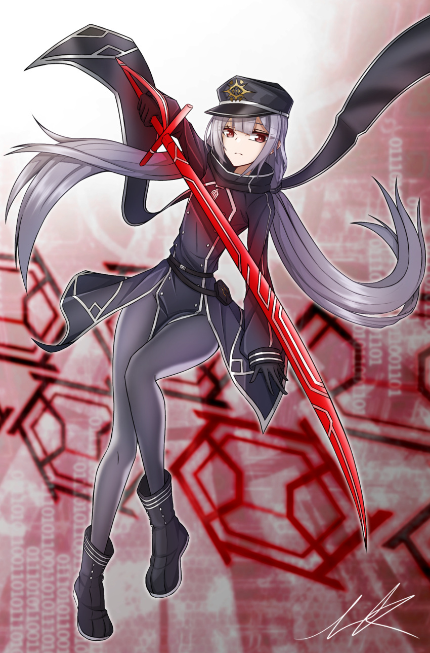 1girl absurdres ark9378 bangs black_cape black_headwear black_jacket black_scarf blush boots cape closed_mouth crossed_legs duel_monster eyebrows_visible_through_hair glowing glowing_sword glowing_weapon grey_hair hair_between_eyes hat highres jacket long_hair looking_at_viewer low_twintails peaked_cap pelt red_eyes scarf silver_hair sky_striker_ace_-_roze solo twintails two-tone_background two-tone_dress upper_body weapon yu-gi-oh! yuu-gi-ou