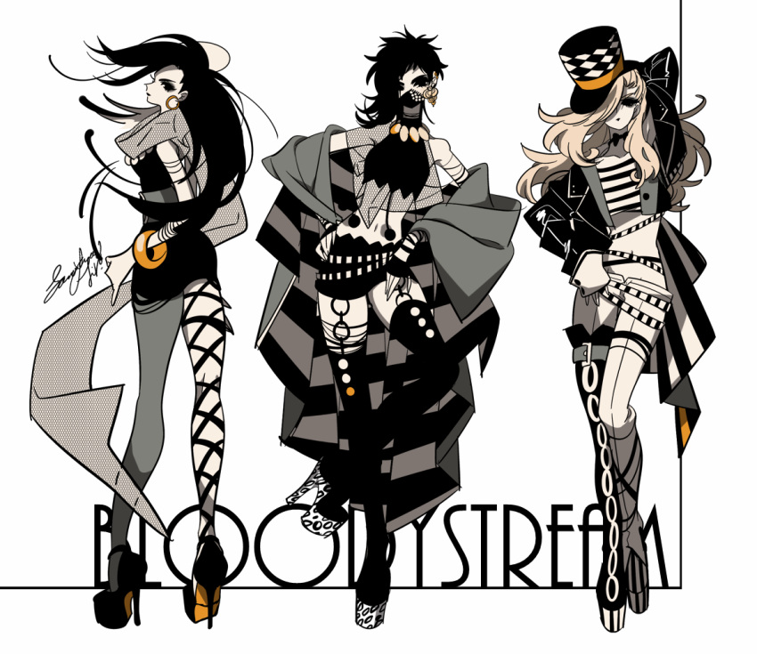 3girls asymmetrical_footwear asymmetrical_legwear battle_tendency black_hair blonde_hair bloody_stream boots bow bowtie caesar_anthonio_zeppeli chain dress fashion fishnet_legwear fishnets genderswap genderswap_(mtf) hat jewelry jojo_no_kimyou_na_bouken joseph_joestar joseph_joestar_(young) karabako limited_palette lisa_lisa long_hair mask messy_hair multiple_girls necklace off_shoulder platform_footwear platform_heels scarf shirt short_dress striped striped_shirt thigh-highs top_hat triangle_print