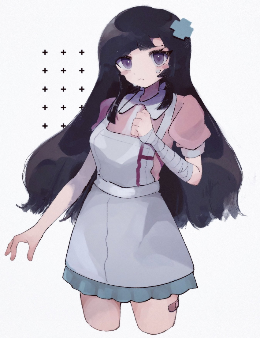 1girl bandaged_hand bandages bangs black_hair blue_eyes blush_stickers breasts clenched_hand cowboy_shot cropped_legs cross_hair_ornament danganronpa_(series) danganronpa_2:_goodbye_despair green_skirt grey_apron hair_ornament highres kara_aren long_hair looking_at_viewer medium_breasts pink_shirt puffy_short_sleeves puffy_sleeves shirt short_sleeves skirt solo tears tsumiki_mikan