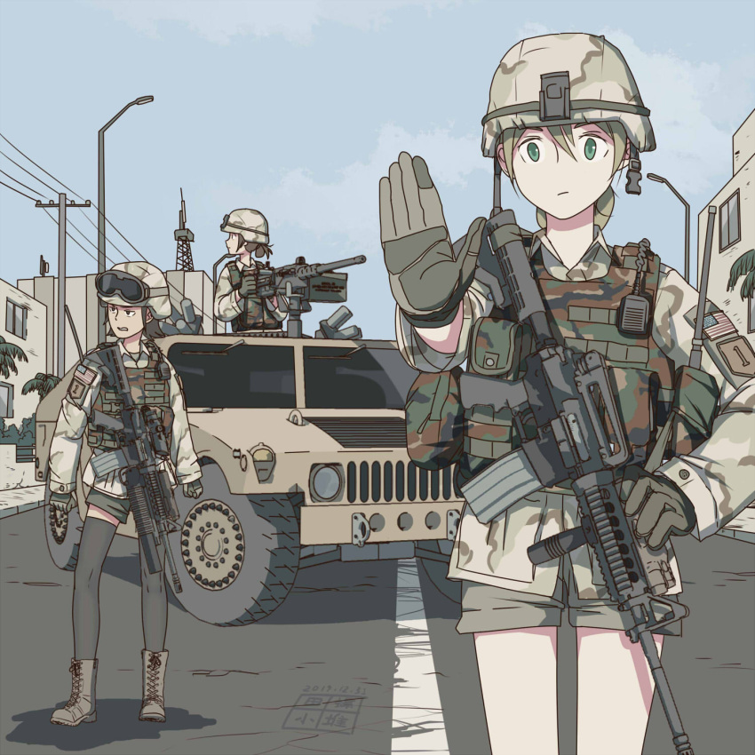 3girls american_flag assault_rifle bare_legs battle_dress_uniform blue_sky browning_m2 building bulletproof_vest camouflage day etmc1992 expressionless gloves goggles goggles_on_headwear green_eyes green_hair ground_vehicle gun hair_between_eyes helmet highres humvee long_sleeves looking_at_viewer m4_carbine motor_vehicle multiple_girls original outdoors rifle road short_shorts shorts sky street tactical_clothes weapon