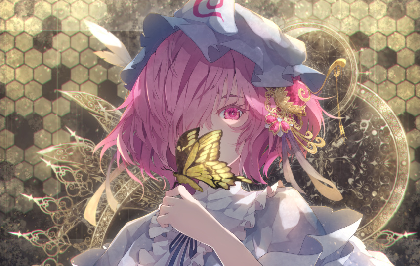 1girl animal bangs blue_bow blue_bowtie blue_headwear blue_kimono bow bowtie brown_background bug butterfly butterfly_wings chiroru_(cheese-roll) collared_dress covering_mouth dress eyebrows_visible_through_hair flower frilled_kimono frills hair_between_eyes hair_flower hair_ornament hair_over_one_eye hand_up hat highres insect_on_finger japanese_clothes kimono looking_at_viewer mob_cap pink_eyes pink_flower pink_hair portrait saigyouji_yuyuko short_hair solo touhou triangular_headpiece upper_body wings yellow_background