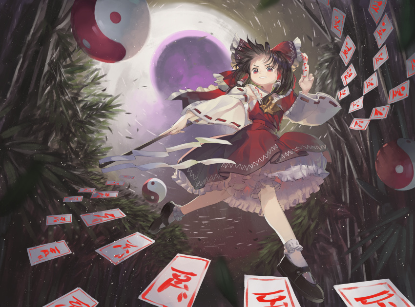 1girl brown_hair detached_sleeves floating_hair full_body gohei grin hakurei_reimu highres holding holding_stick imperishable_night long_hair looking_at_viewer ofuda orb red_eyes riki6 smile solo stick touhou wide_sleeves yin_yang yin_yang_orb