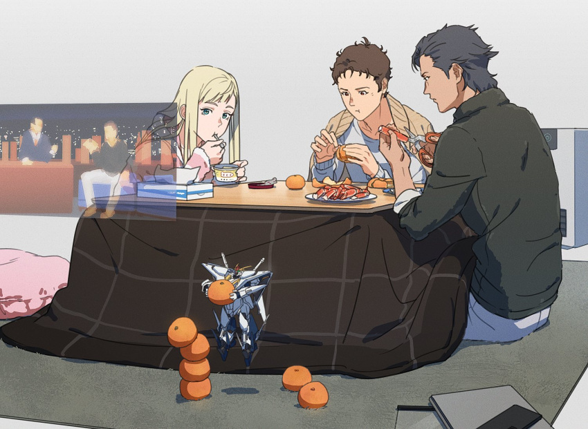 1girl 2boys black_hair blonde_hair brown_eyes brown_hair carpet commentary_request crab eating food fruit gigi_andalusia green_eyes gundam gundam_hathaway's_flash hathaway_noa holographic_monitor ice_cream kenneth_sleg kotatsu mandarin_orange mishio multiple_boys orange_(fruit) scissors table xi_gundam