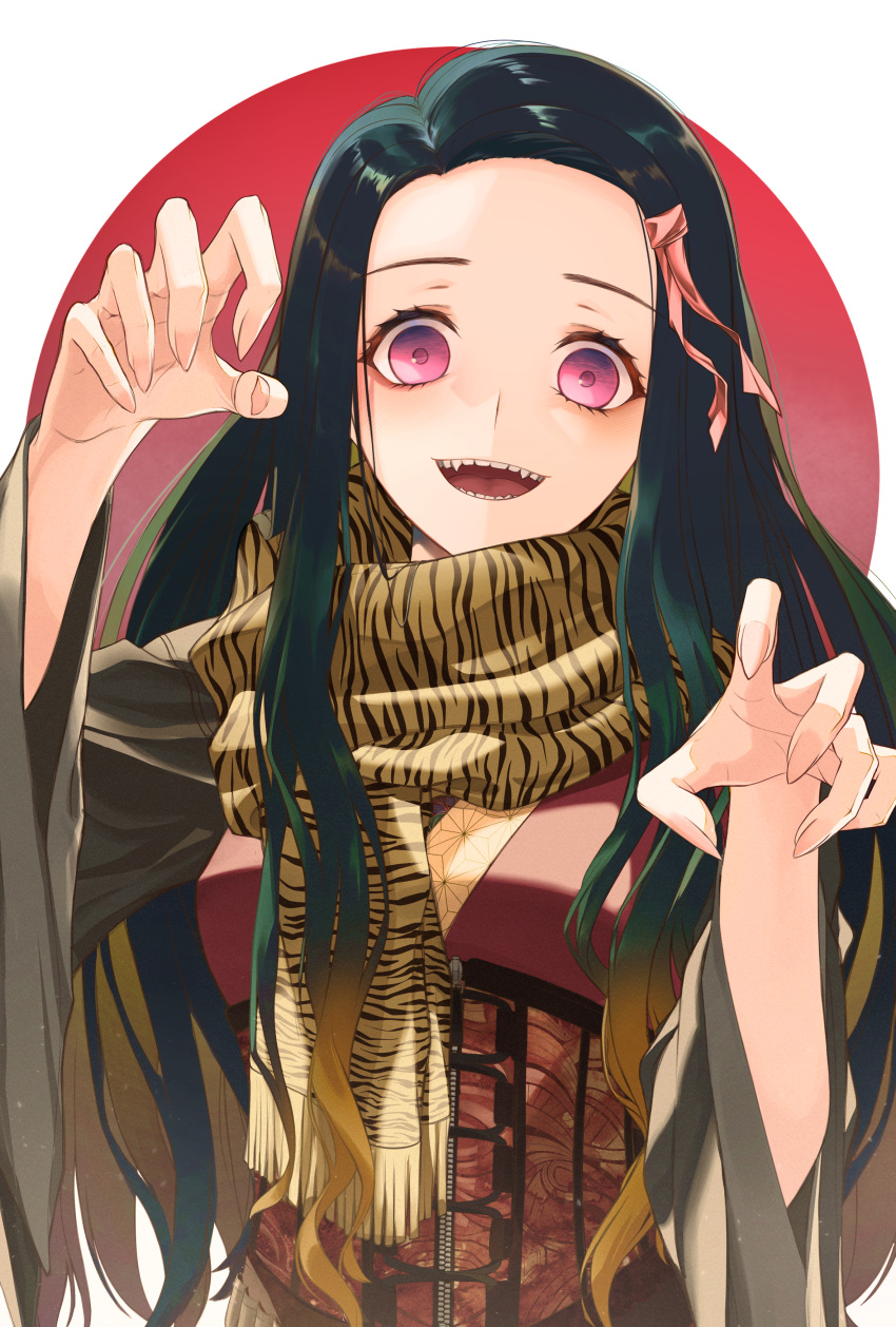 1girl absurdres animal_print black_hair brown_hair check_commentary chuuni227 claw_pose clothing_request commentary_request fingernails forehead gradient gradient_background gradient_hair green_hair hair_ribbon hands_up highres kamado_nezuko kimetsu_no_yaiba long_hair long_sleeves looking_at_viewer multicolored_hair open_mouth pink_eyes pink_ribbon print_scarf red_background ribbon scarf sharp_fingernails smile solo teeth tiger_print upper_body white_background wide_sleeves