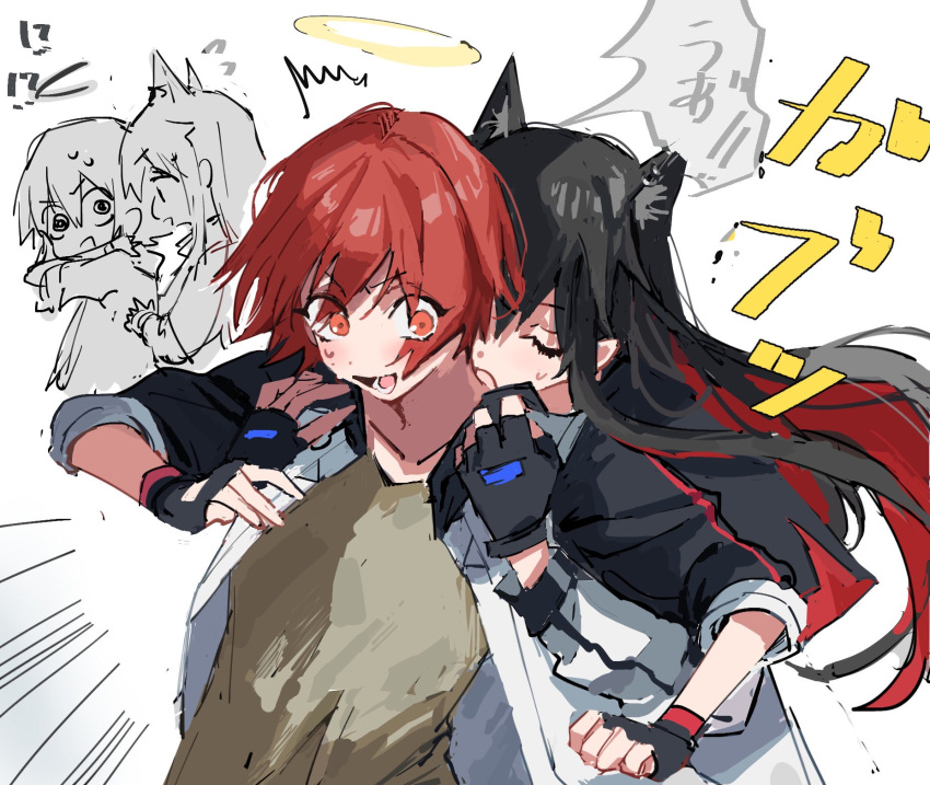 2girls animal_ear_fluff animal_ears arknights bangs black_gloves black_hair blush brown_shirt chibi chibi_inset closed_eyes collarbone colored_inner_hair exusiai_(arknights) eyebrows_visible_through_hair fingerless_gloves gloves halo highres hug hug_from_behind jacket long_hair long_sleeves multicolored_hair multiple_girls na_tarapisu153 open_clothes open_jacket open_mouth redhead shirt short_hair simple_background speech_bubble texas_(arknights) translation_request two-tone_hair upper_body v-shaped_eyebrows very_long_hair white_background white_jacket wolf_ears yuri
