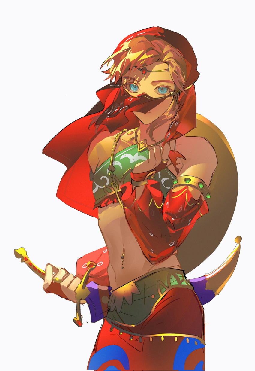 1boy alternate_color arabian_clothes armlet bare_shoulders blonde_hair bridal_gauntlets circlet closed_mouth collarbone cowboy_shot crossdressing detached_sleeves duoj_ji gerudo_set_(zelda) grey_background halterneck hand_up harem_pants highres holding holding_weapon link looking_at_viewer male_focus midriff mouth_veil navel navel_piercing official_alternate_costume otoko_no_ko pants piercing pointy_ears sheath sheathed shiny shiny_hair short_hair simple_background stomach the_legend_of_zelda the_legend_of_zelda:_breath_of_the_wild veil weapon