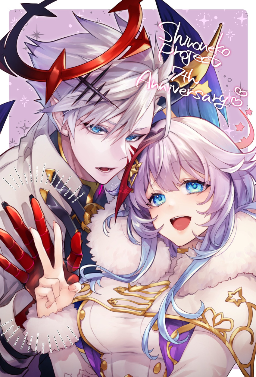 1boy 1girl :d bangs blue_eyes blue_hair breasts coat collar commentary_request english_text eyebrows_visible_through_hair facial_mark fur-trimmed_coat fur-trimmed_sleeves fur_trim gloves gradient_hair grey_hair hair_between_eyes halo hand_up heart highres jewelry light_blush long_hair luka_(shironeko_project) medium_breasts mimoontk multicolored_hair open_mouth parted_bangs red_gloves redhead shironeko_project short_hair sidelocks smile sparkle standing tsurime upper upper_body v