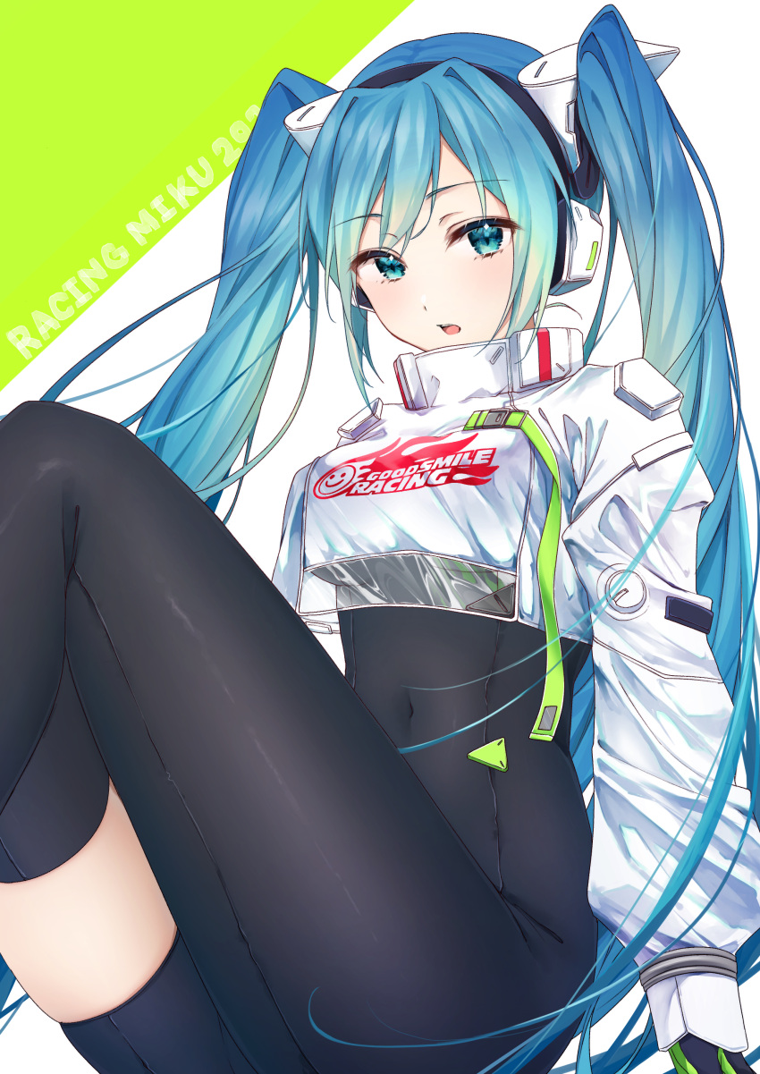 1girl absurdres aqua_eyes aqua_hair asymmetrical_clothes asymmetrical_legwear blush bodystocking bodysuit breasts character_name crop_top crop_top_overhang drawing_kanon eyebrows_visible_through_hair hatsune_miku headphones highres knees_up long_hair long_sleeves looking_at_viewer medium_breasts navel official_alternate_costume open_mouth racequeen racing_miku racing_miku_(2022) simple_background solo twintails very_long_hair vocaloid
