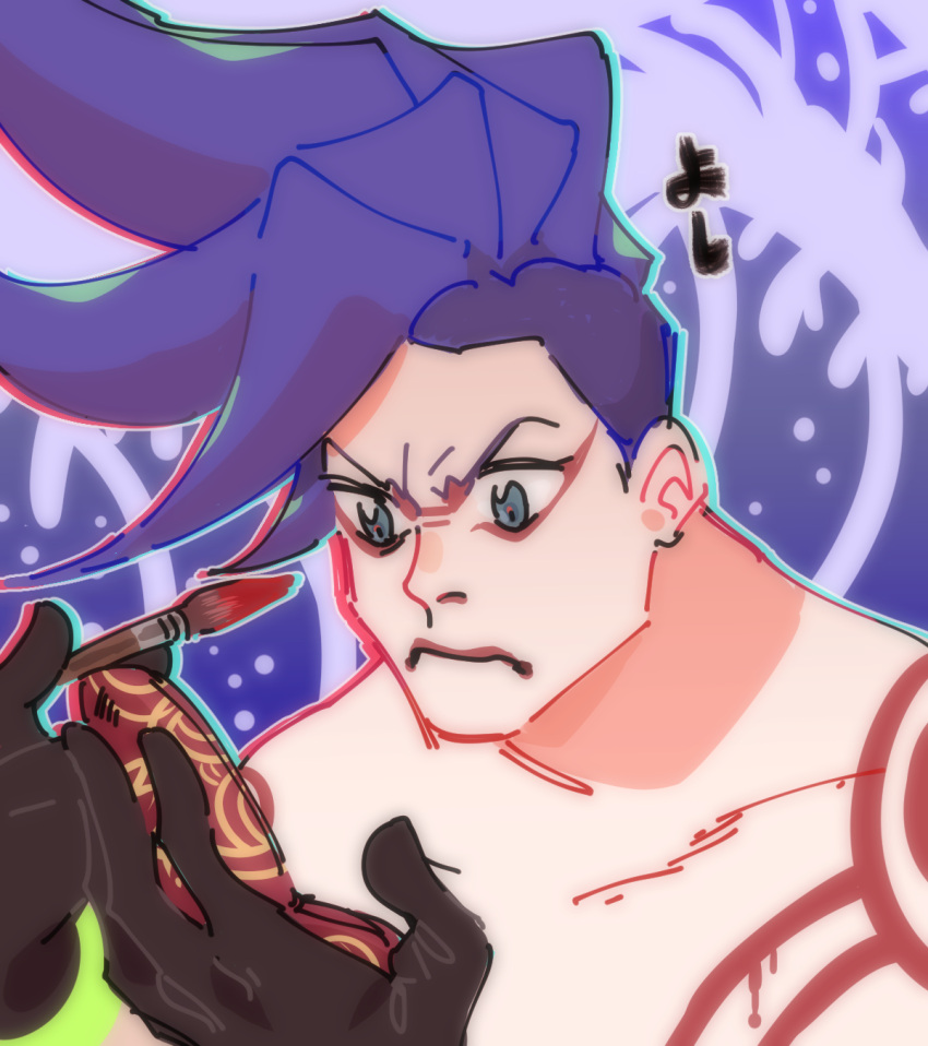 1boy applying_makeup blue_hair compact_(cosmetics) concentrating eyeliner galo_thymos gloves highres jonya makeup makeup_brush male_focus promare sidecut solo spiky_hair