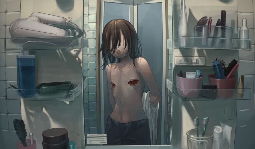 1other anatomical_nonsense bathroom black_hair extra_mouth hair_over_eyes indoors long_hair mirror nipples original solo tensen_(tfmw5884) toothbrush undressing what