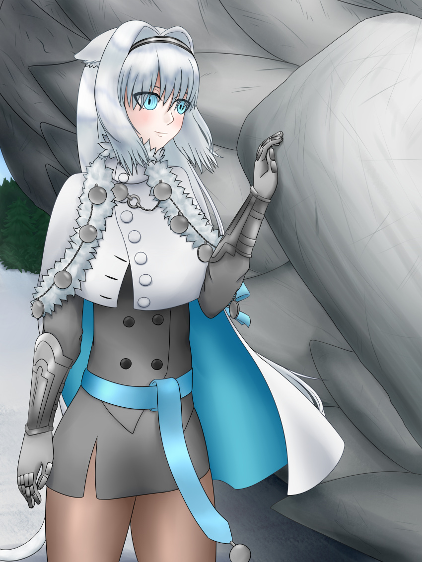 1girl animal_ears armored_boots bangs blue_bow blue_eyes blue_ribbon blush boots bow breasts brown_legwear buttons cape capelet cat_ears cat_girl cat_tail club_(weapon) crop_top crop_top_overhang dobrynya_nikitich_(fate) dress fate/grand_order fate_(series) fur-trimmed_capelet fur-trimmed_headwear fur_trim gauntlets grey_dress hair_bow hat knee_boots konveberg large_breasts long_hair long_sleeves looking_at_viewer low_ponytail pantyhose ribbon short_dress solo tail thighs weapon white_cape white_capelet white_hair white_headwear