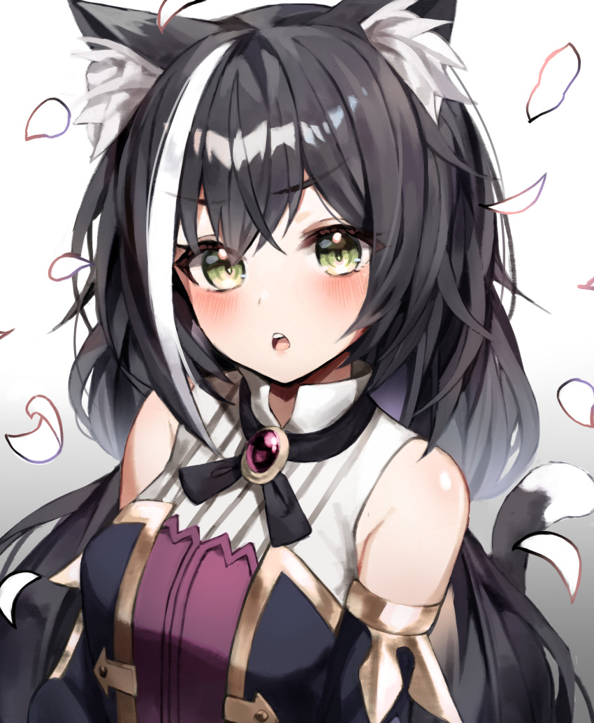 1girl :o absurdres animal_ear_fluff animal_ears bare_shoulders black_hair blush brooch cat_ears cat_girl cat_tail detached_sleeves gem gradient gradient_background green_eyes highres indol jewelry karyl_(princess_connect!) long_hair looking_at_viewer low_twintails multicolored_hair open_mouth petals princess_connect! solo streaked_hair tail twintails two-tone_hair upper_body very_long_hair white_background white_hair