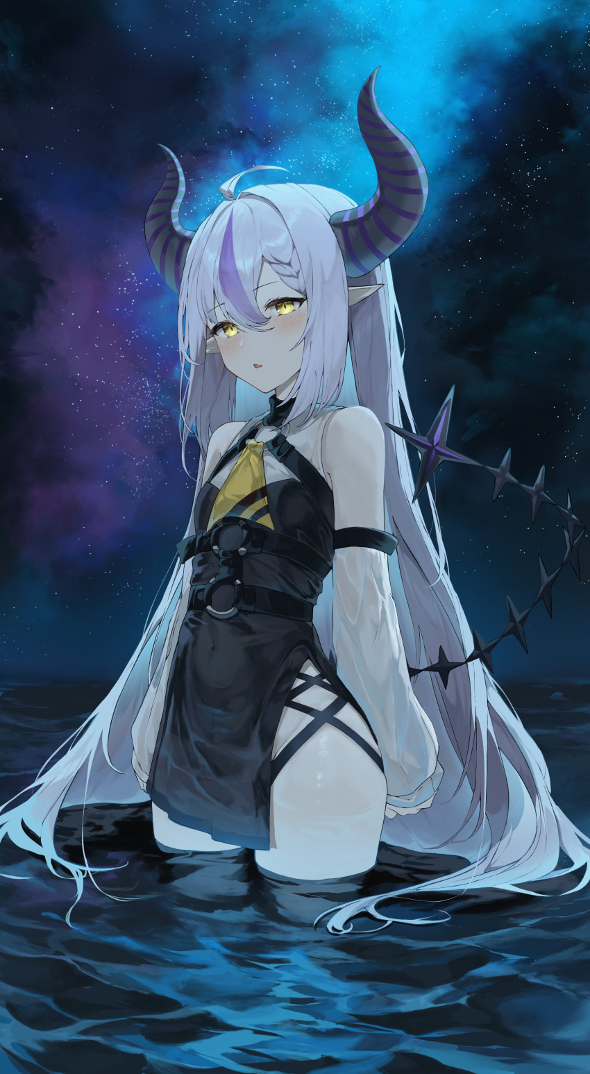 1girl absurdres ahoge ascot bangs bare_shoulders black_dress blush commentary demon_horns detached_sleeves dress eyebrows_visible_through_hair hair_between_eyes highres hololive horns kabedoru la+_darknesss long_hair long_sleeves multicolored_hair night night_sky ocean outdoors parted_lips partially_submerged pointy_ears purple_hair simple_background sky solo standing star_(sky) starry_sky streaked_hair symbol-only_commentary tail tail_raised very_long_hair virtual_youtuber wading water yellow_ascot yellow_eyes