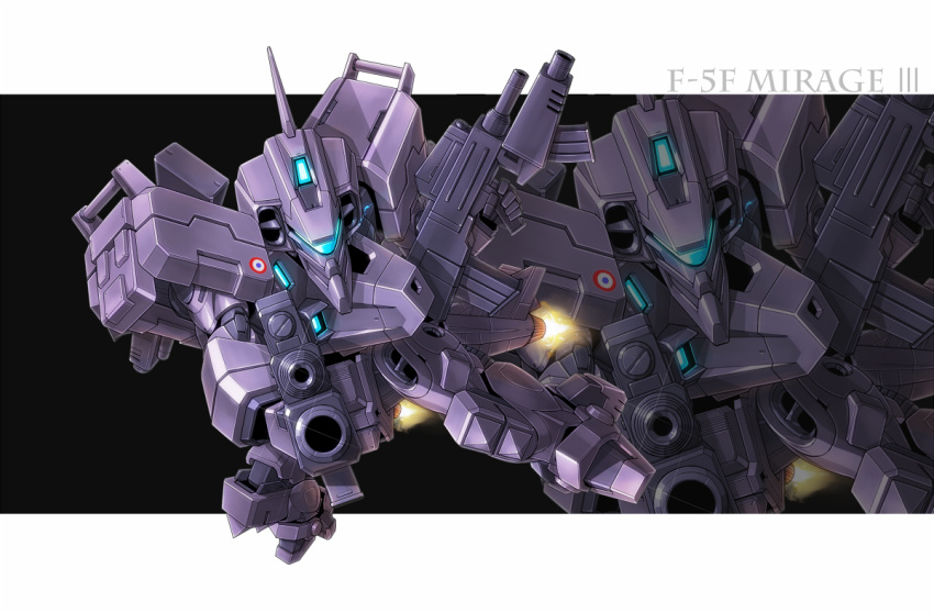 border cannon character_name flight glowing glowing_eyes mecha mirage_iii_(muvluv) muvluv no_humans tactical_surface_fighter takamaru_(taka1220) thrusters turret white_border zoom_layer