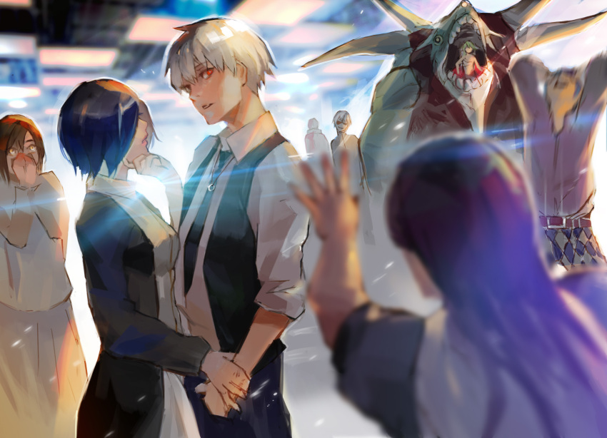 1other 2boys 5girls arms_behind_head bangs black_necktie black_vest blue_hair blurry blurry_foreground breasts character_request check_character couple eto_(tokyo_ghoul) fueguchi_hinami hand_in_pocket hand_on_another's_chin hetero highres holding_another's_wrist kagune_(tokyo_ghoul) kamishiro_rize kaneki_ken kirishima_touka kyuuba_melo long_hair looking_at_viewer medium_breasts monster multiple_boys multiple_girls mutsuki_tooru necktie official_style open_mouth pants parted_lips purple_hair red_eyes shiny shiny_hair shirt short_hair teeth tokyo_ghoul tokyo_ghoul:re tsukiyama_shuu vest white_shirt