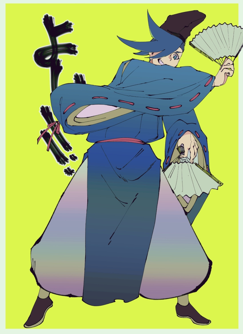 1boy blue_hair folding_fan fujiwara_no_sai galo_thymos grin hair_over_one_eye hand_fan hat heian highres japanese_clothes jonya kariginu male_focus promare smile solo spiky_hair tate_eboshi traditional_clothes wide_sleeves