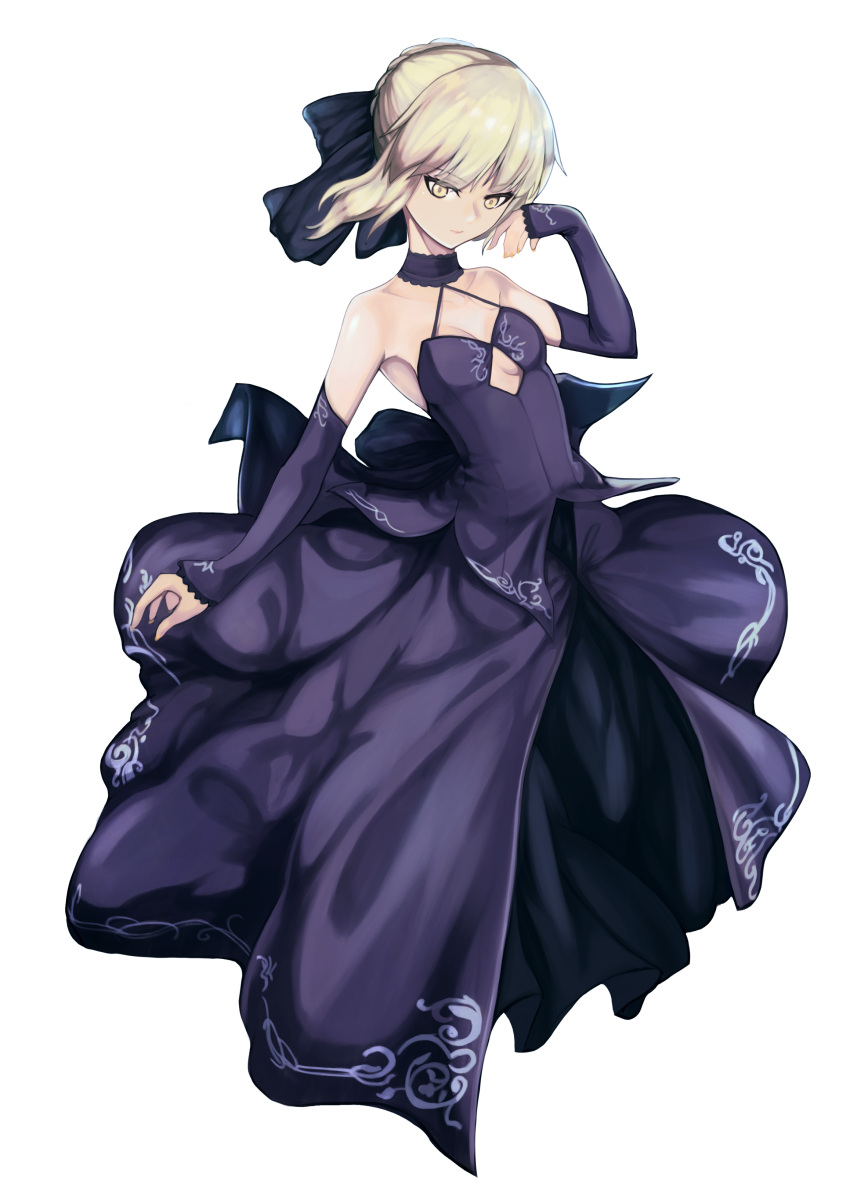 1girl artoria_pendragon_(all) black_bow black_dress black_gloves blonde_hair bow braid breasts dress elbow_gloves fate/grand_order fate/stay_night fate_(series) fjs french_braid gloves grey_background hair_bow hair_bun highres saber_alter short_dress sleeveless sleeveless_dress small_breasts solo standing yellow_eyes