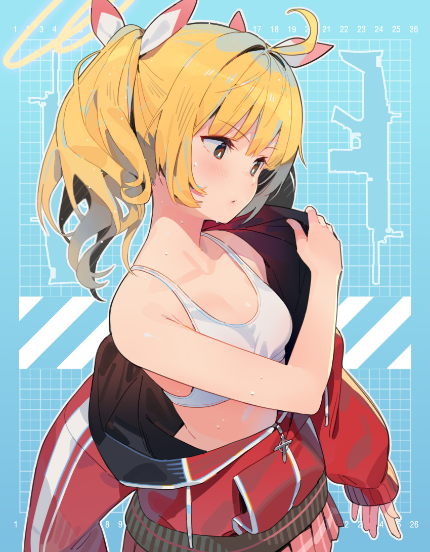 1girl blonde_hair blue_archive blue_background blush bra brown_eyes buruma changing_clothes cross graph gun halo looking_to_the_side red_jacket short_hair short_shorts solo sweat twintails yoshimi_(blue_archive)