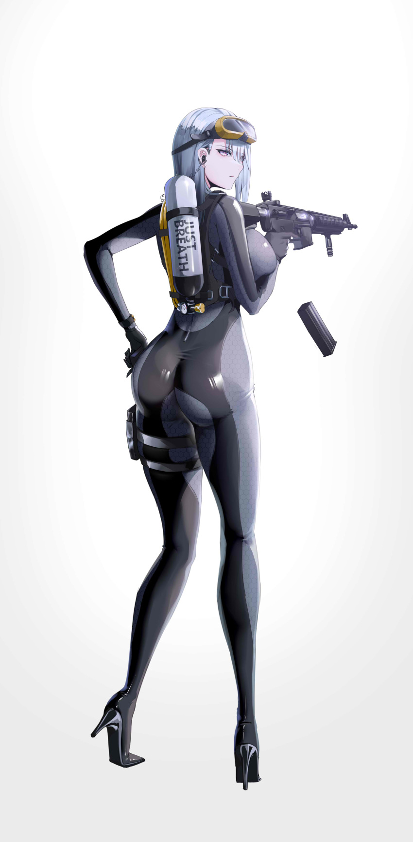 1girl 9h absurdres ass assault_rifle bodysuit breasts closed_mouth earpiece expressionless eyebrows_visible_through_hair from_behind full_body goggles goggles_on_head grey_eyes grey_hair gun high_heels highres holding holding_gun holding_weapon holster large_breasts m4_carbine magazine_(weapon) mk_18_carbine original oxygen_tank pink_eyes reloading rifle sideboob simple_background skin_tight solo standing thigh_holster thighs trigger_discipline watch weapon white_background white_hair