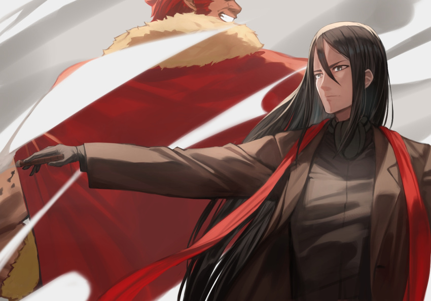 2boys back-to-back bangs black_hair brown_jacket cape chorogon cigar closed_mouth fate/grand_order fate_(series) fur_trim grin hair_between_eyes height_difference holding holding_cigar iskandar_(fate) jacket long_hair long_sleeves lord_el-melloi_ii male_focus multiple_boys open_clothes open_jacket red_cape red_scarf redhead royal_robe scarf short_hair smile upper_body waver_velvet
