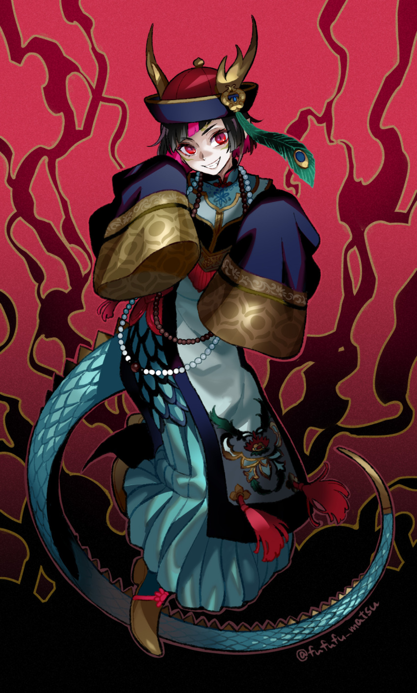 1boy androgynous black_hair dragon_boy dragon_horns dragon_tail feathers funuyu hat highres horns lilia_vanrouge looking_at_viewer multicolored_hair pale_skin pink_eyes pink_hair pointy_ears robe sleeves_past_wrists tail twisted_wonderland