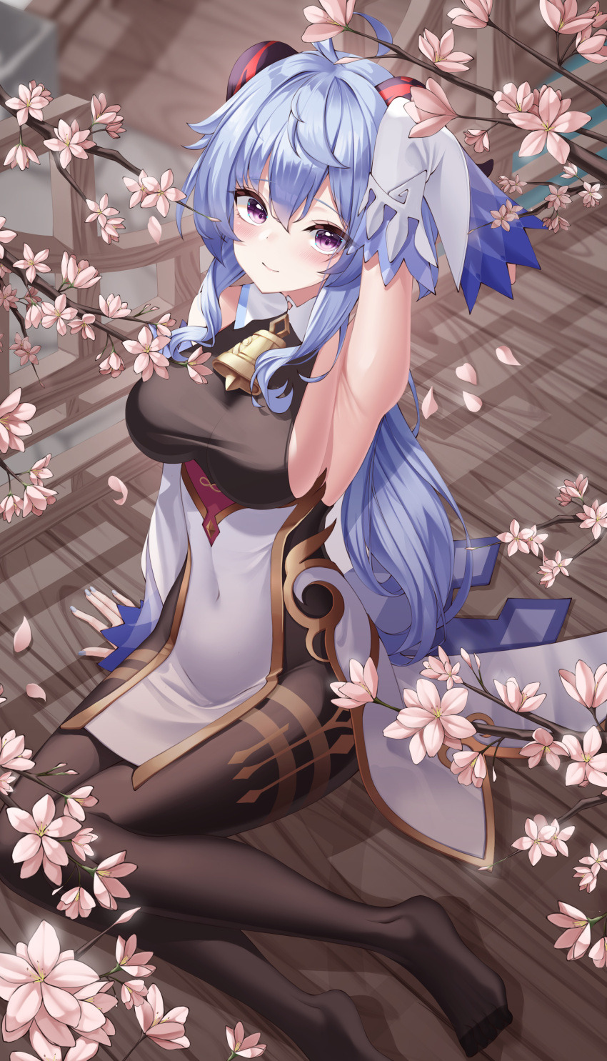 absurdres ahoge arm_behind_head arm_support arm_up armpits bangs bell black_legwear blue_hair blush breasts covered_navel detached_sleeves eyebrows_visible_through_hair flower full_body ganyu_(genshin_impact) genshin_impact gold_trim highres horns hsxxx light_smile long_hair looking_at_viewer medium_breasts neck_bell no_gloves no_shoes petals sideboob sidelocks sitting solo thighlet violet_eyes waist_cape white_flower white_sleeves yokozuwari