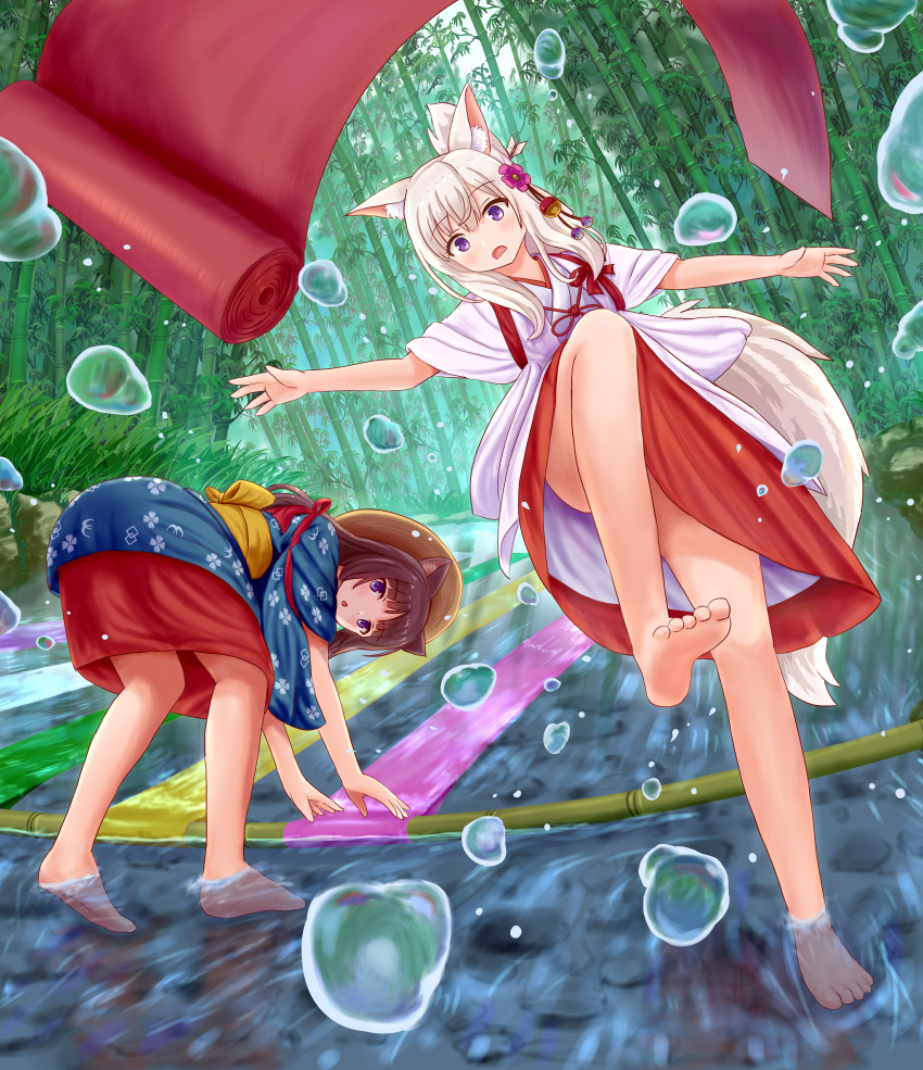 2girls absurdres animal_ear_fluff animal_ears bamboo bamboo_forest bangs barefoot bent_over blonde_hair blue_kimono brown_hair cat_ears cat_girl convenient_leg day feet flower forest fox_ears fox_girl fox_tail from_behind hair_flower hair_ornament hair_over_shoulder hat highres iroha_(iroha_matsurika) japanese_clothes kimono long_hair looking_back miko multiple_girls nature original outdoors river soles standing tail toes tripping violet_eyes wading water