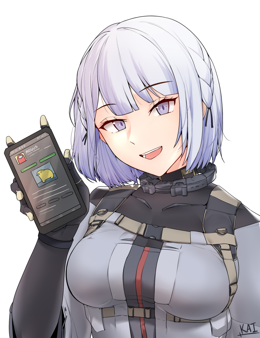 1girl absurdres among_us braid breasts cellphone girls_frontline highres holding holding_phone kaicchi long_sleeves medium_breasts phone rpk-16_(girls'_frontline) short_hair side_braid silver_hair smartphone solo tactical_clothes upper_body violet_eyes white_background yellow_(among_us)