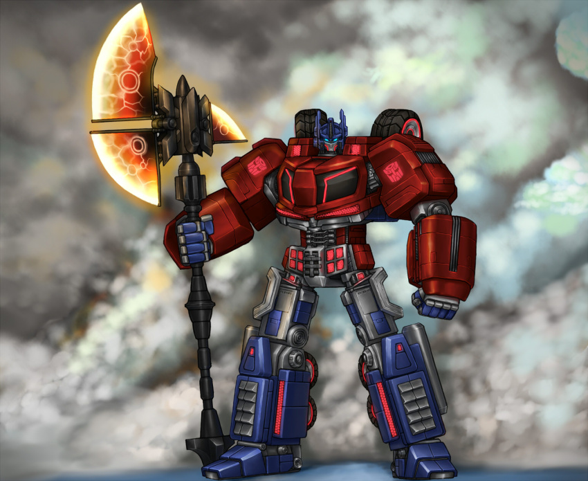 1boy autobot axe blue_eyes clenched_hand hdfm head_tilt highres holding holding_axe looking_at_viewer mecha no_humans optimus_prime science_fiction solo transformers transformers:_war_for_cybertron