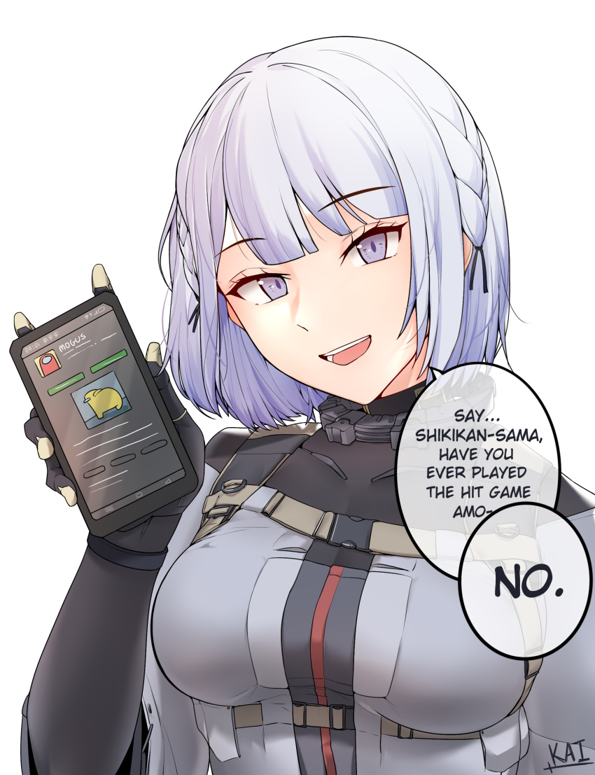 1girl absurdres among_us braid breasts cellphone english_text girls_frontline highres holding holding_phone kaicchi long_sleeves medium_breasts phone rpk-16_(girls'_frontline) short_hair side_braid silver_hair smartphone solo speech_bubble tactical_clothes upper_body violet_eyes white_background yellow_(among_us)