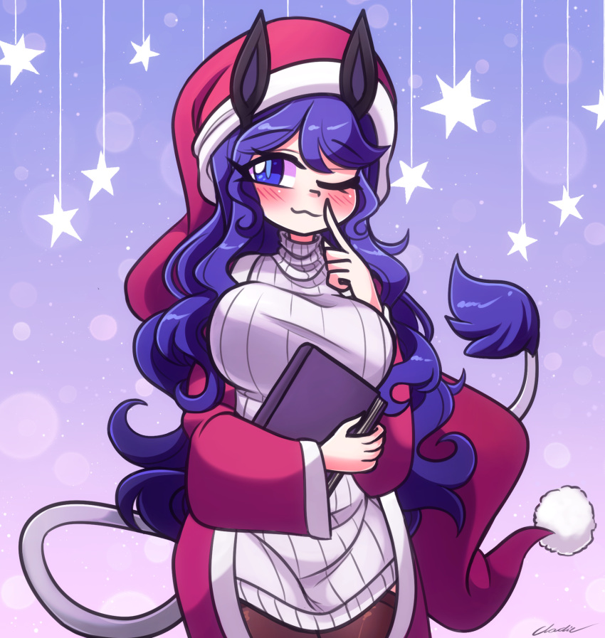 1girl :3 animal_ears black_legwear blue_eyes blue_hair blush book closed_mouth doremy_sweet eyebrows_visible_through_hair finger_to_mouth grey_sweater highres holding holding_book littlecloudie long_hair looking_at_viewer pantyhose red_headwear ribbed_sweater sleeveless sleeveless_sweater smile solo sweater tail touhou turtleneck turtleneck_sweater