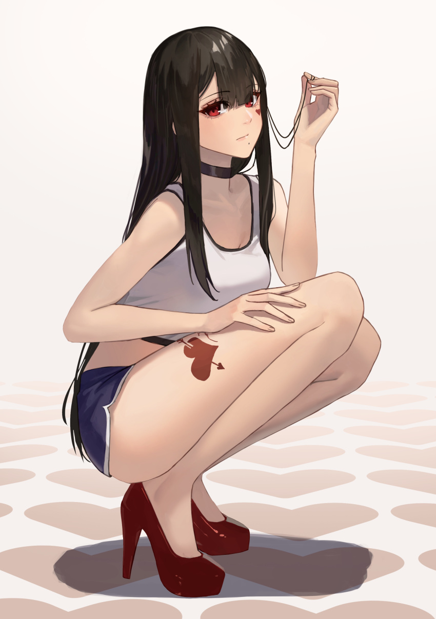 1girl absurdres bangs bare_shoulders black_choker black_hair blue_shorts breasts choker closed_mouth commentary eyebrows_visible_through_hair full_body hair_between_eyes hand_on_own_thigh hand_up hara_kenshi heart heart_print high_heels highres long_hair looking_at_viewer mole mole_under_mouth original pumps red_eyes red_footwear shirt shorts sidelocks simple_background solo squatting tank_top tattoo thighs white_background white_shirt