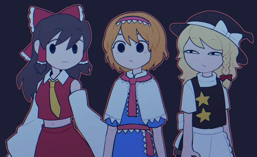 3girls alice_margatroid apron bangs black_eyes black_headwear black_vest blonde_hair blue_dress bow breasts brown_hair closed_mouth commentary cookie_(touhou) cowboy_shot detached_sleeves dress expressionless frilled_apron frilled_bow frilled_hair_tubes frilled_hairband frilled_neckwear frilled_sash frills hair_bow hair_tubes hairband hakurei_reimu hat hat_bow hinase_(cookie) hita_(hizokuseikogeki) kirisame_marisa long_hair looking_to_the_side medium_breasts midriff multiple_girls navel necktie noel_(cookie) orange_hair red_bow red_hairband red_necktie red_sash red_shirt red_skirt sash shirt short_hair short_sleeves simple_background skirt skirt_set sleeveless sleeveless_shirt star_(symbol) suzu_(cookie) touhou transparent_background unusually_open_eyes vest waist_apron white_apron white_bow white_shirt white_sleeves witch_hat yellow_necktie