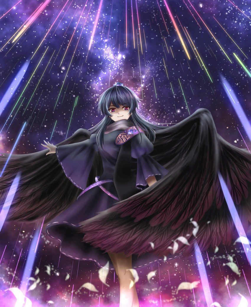 1girl absurdres bird_wings black_coat black_wings blue_dress blue_hair blue_headwear breasts closed_mouth coat commentary_request dress feathered_wings feathers gem happy hat highres iizunamaru_megumu juliet_sleeves long_hair long_sleeves myanmyanhana-f-t-9220 night night_sky outstretched_arms puffy_sleeves ribbon_trim shooting_star shoulder_guard sky sleeveless_coat small_breasts smile standing star_(sky) tengu tokin_hat touhou violet_eyes white_feathers wings